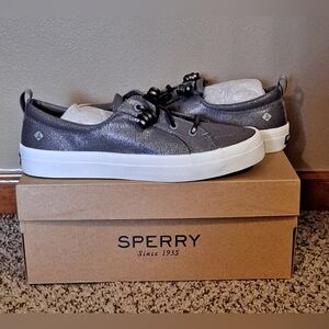 Sperry Crest Vibe Sparkle Silver Slip On Sneakers With Barrel Ties Size 9 W